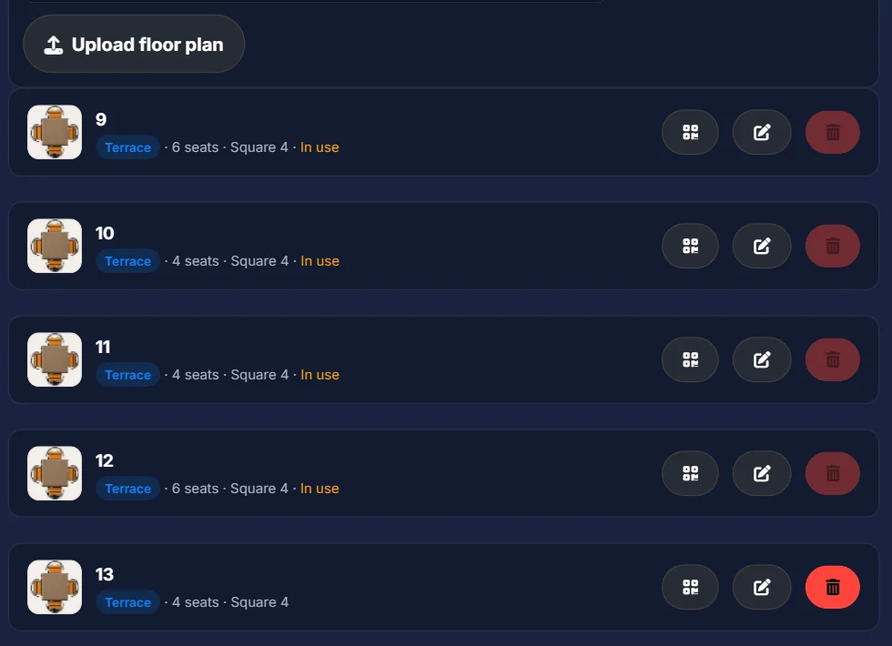 Existing tables list filtered to Terrace showing the new table 13 with QR code, edit and delete buttons, and an Upload floor plan button