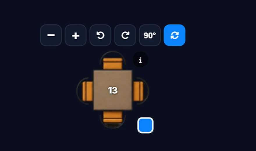 Table 13 selected on the floor plan with buttons to make it smaller or bigger, rotate it and a blue resize corner