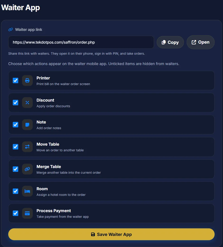 Waiter App settings with the waiter app link and the list of actions waiters may use