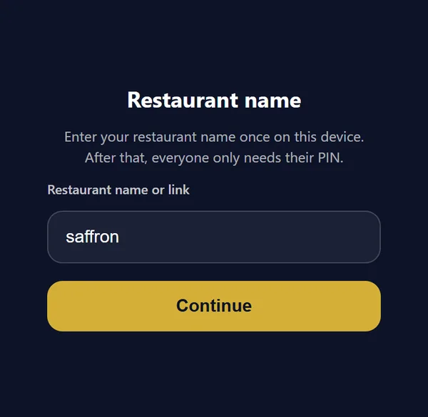 Waiter app first screen asking for the restaurant name, with saffron typed in and a Continue button