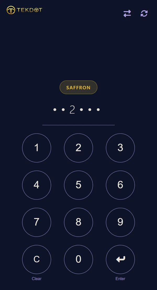 Waiter app PIN screen with the restaurant name, the PIN dots and the number keypad