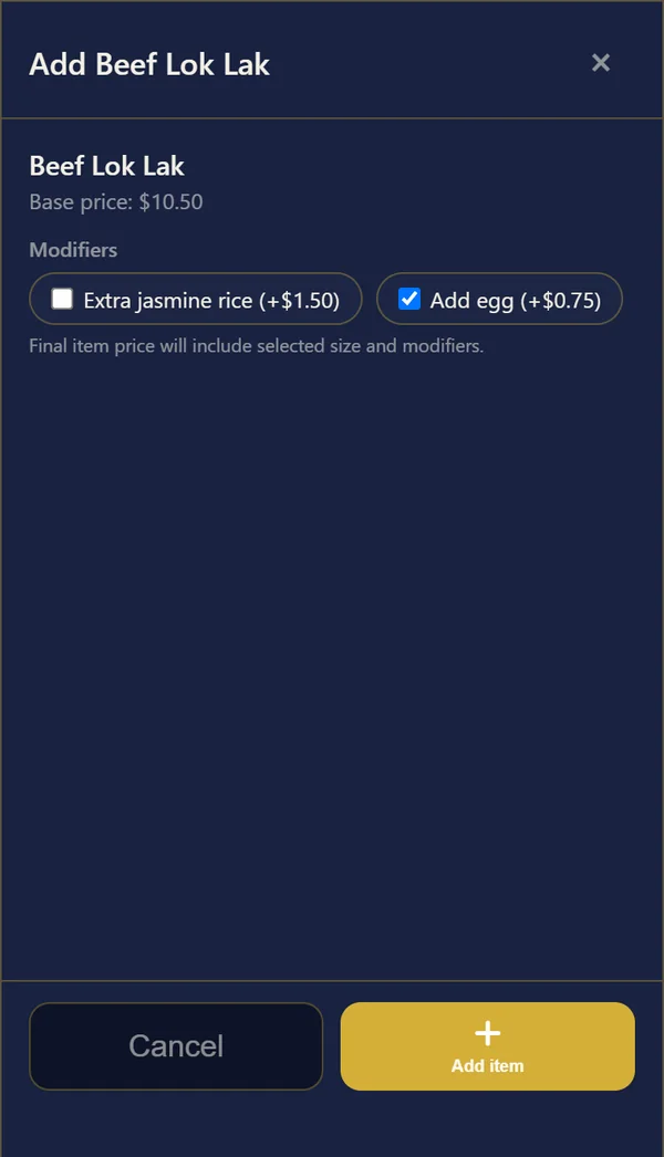 Add Beef Lok Lak window with the modifiers Extra jasmine rice and Add egg, Add egg ticked, and an Add item button