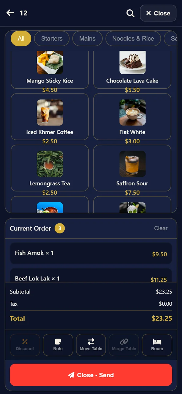 Waiter order screen for table 12 with the menu on top, Current Order with 3 items, the total, action buttons and the red Close - Send button