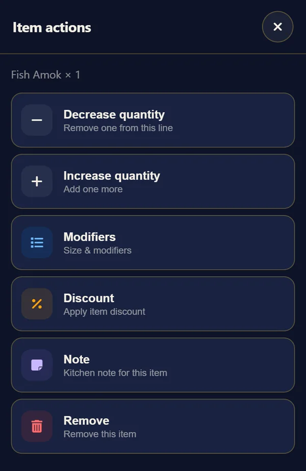 Item actions window for Fish Amok: decrease quantity, increase quantity, modifiers, discount, note and remove