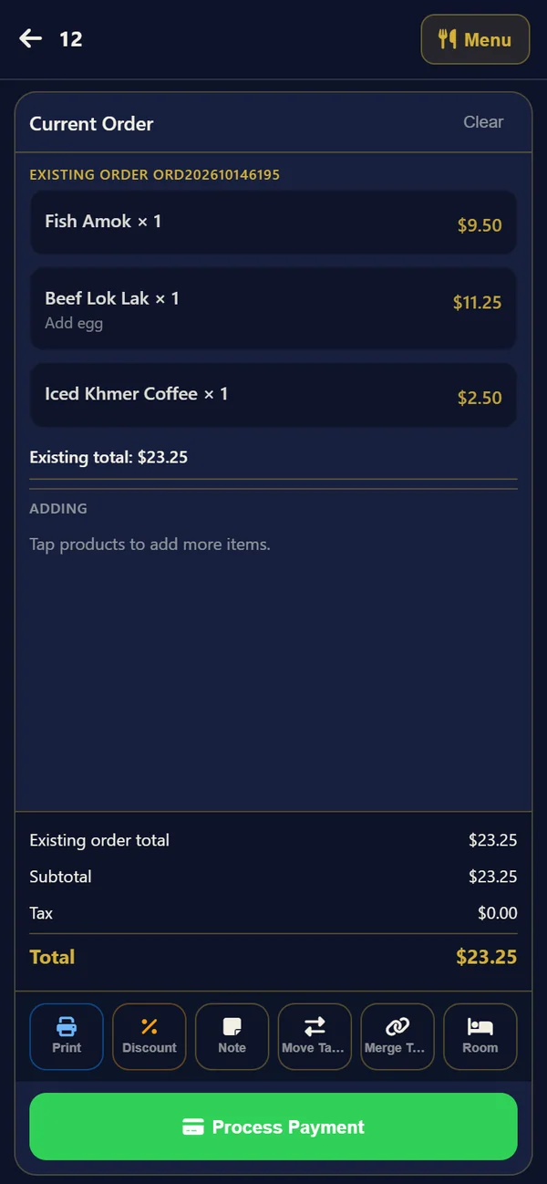 Existing order for table 12 with its three items and total, a Menu button, action buttons including Print, and a green Process Payment button